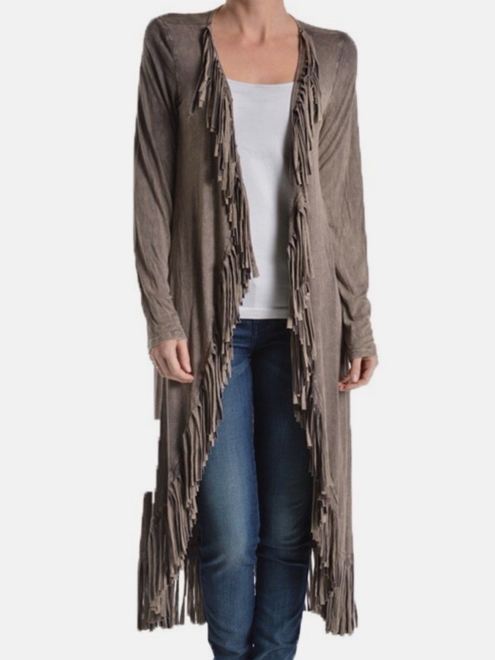 T Party Fashion Brown Fringe Open Front Long Cardigan